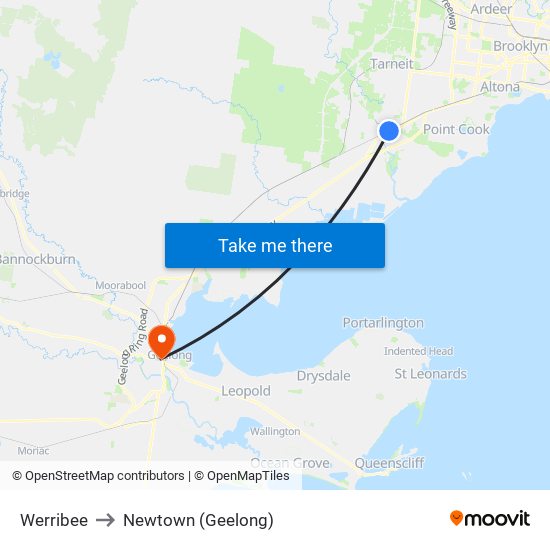 Werribee to Newtown (Geelong) map