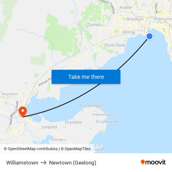 Williamstown to Newtown (Geelong) map