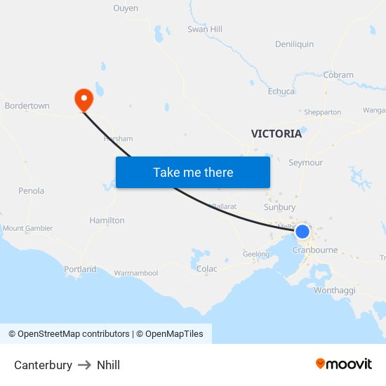 Canterbury to Nhill map