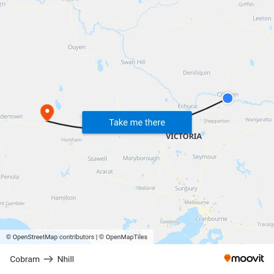 Cobram to Nhill map