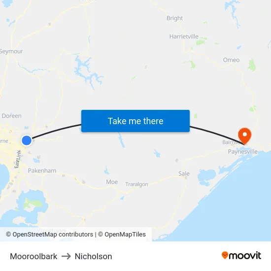 Mooroolbark to Nicholson map