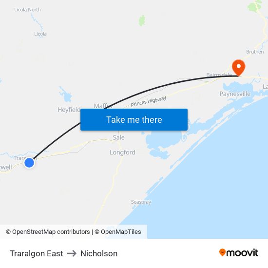 Traralgon East to Nicholson map