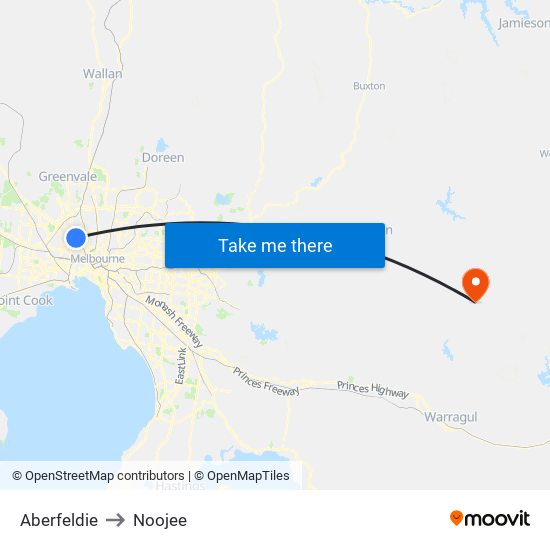 Aberfeldie to Noojee map