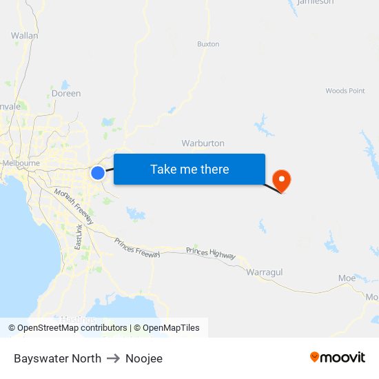 Bayswater North to Noojee map