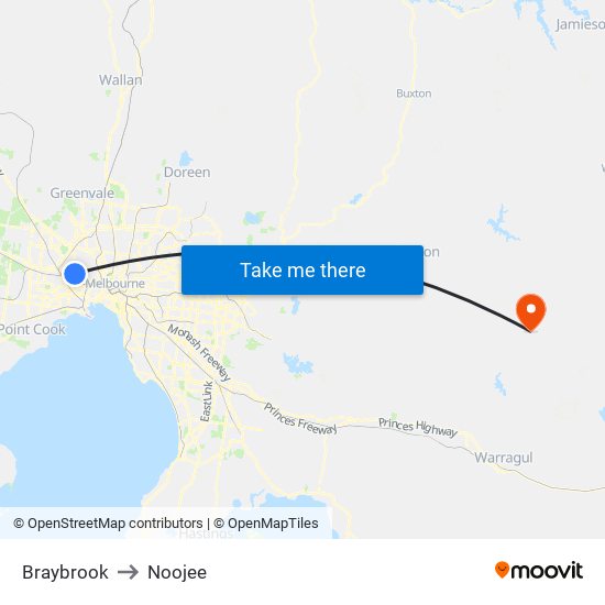 Braybrook to Noojee map