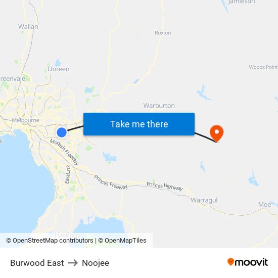 Burwood East to Noojee map