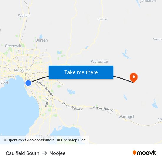 Caulfield South to Noojee map