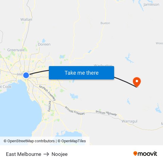 East Melbourne to Noojee map