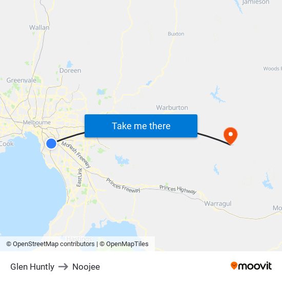 Glen Huntly to Noojee map