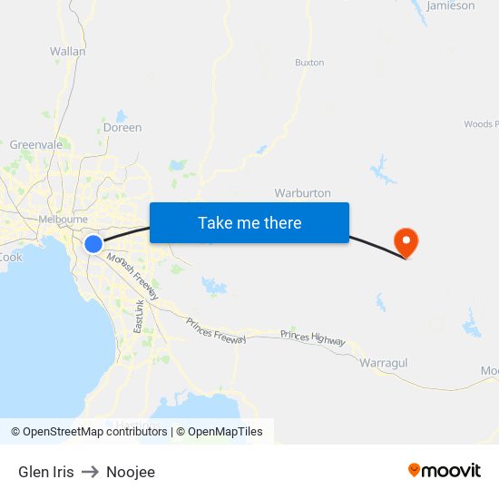 Glen Iris to Noojee map