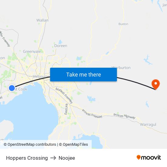 Hoppers Crossing to Noojee map