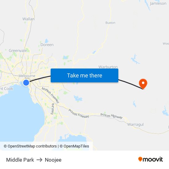 Middle Park to Noojee map