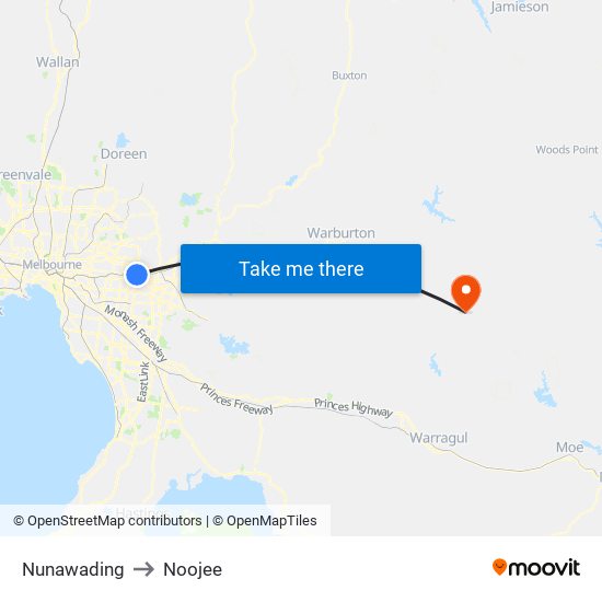 Nunawading to Noojee map