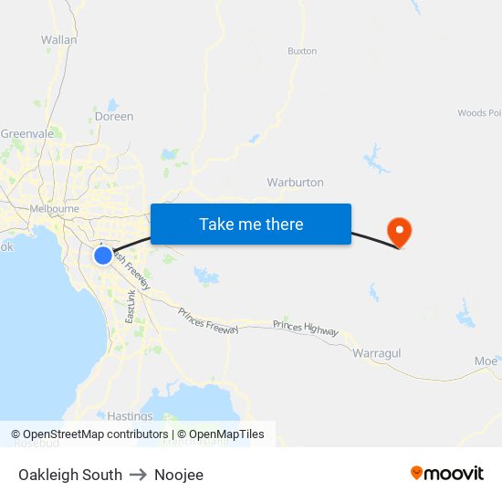 Oakleigh South to Noojee map