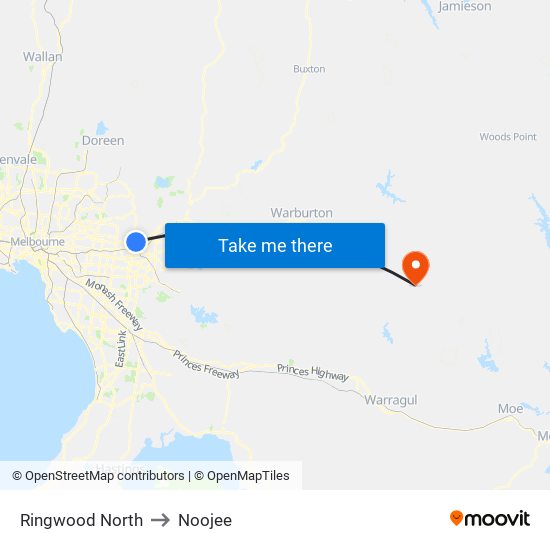 Ringwood North to Noojee map