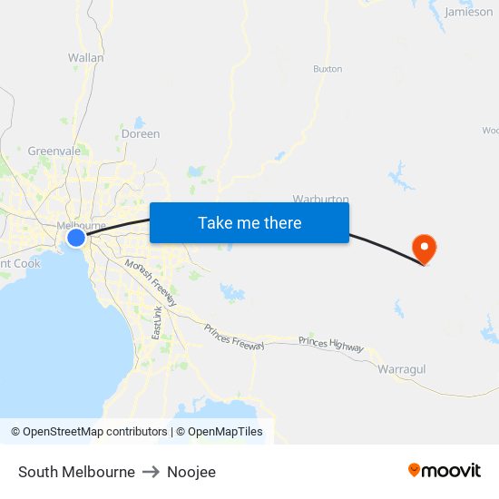 South Melbourne to Noojee map