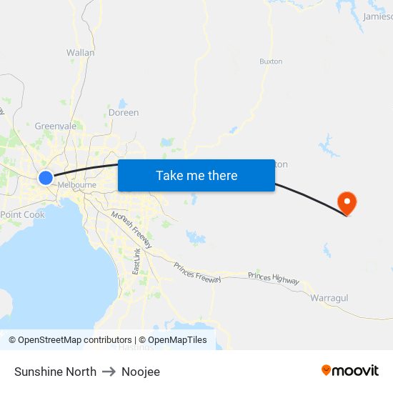 Sunshine North to Noojee map