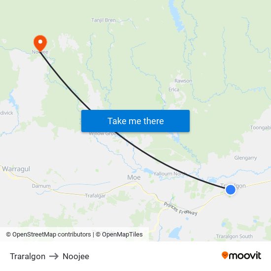 Traralgon to Noojee map