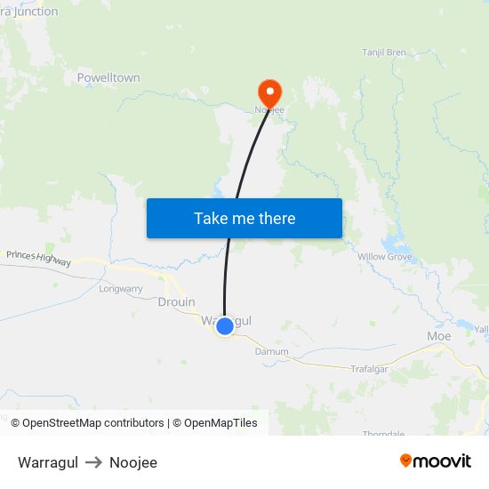 Warragul to Noojee map