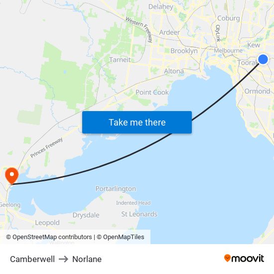 Camberwell to Norlane map