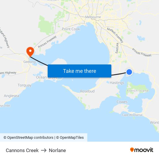 Cannons Creek to Norlane map