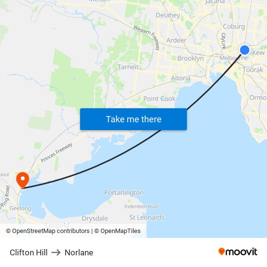 Clifton Hill to Norlane map