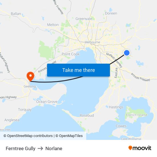 Ferntree Gully to Norlane map