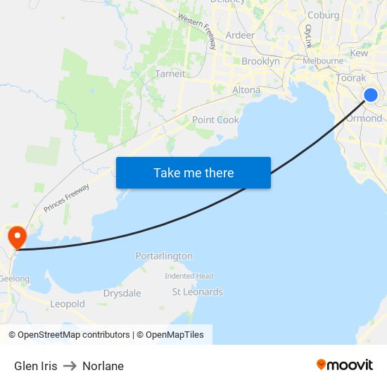 Glen Iris to Norlane map