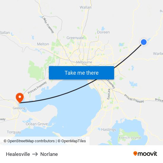 Healesville to Norlane map