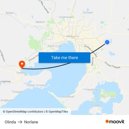 Olinda to Norlane map