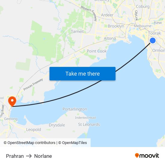 Prahran to Norlane map