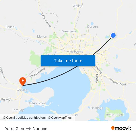 Yarra Glen to Norlane map