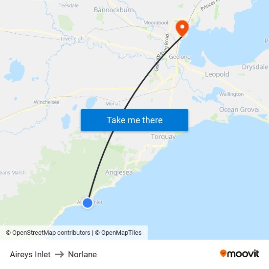 Aireys Inlet to Norlane map