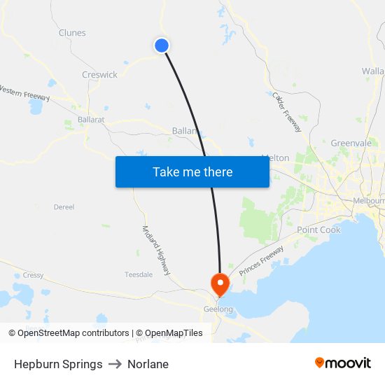 Hepburn Springs to Norlane map