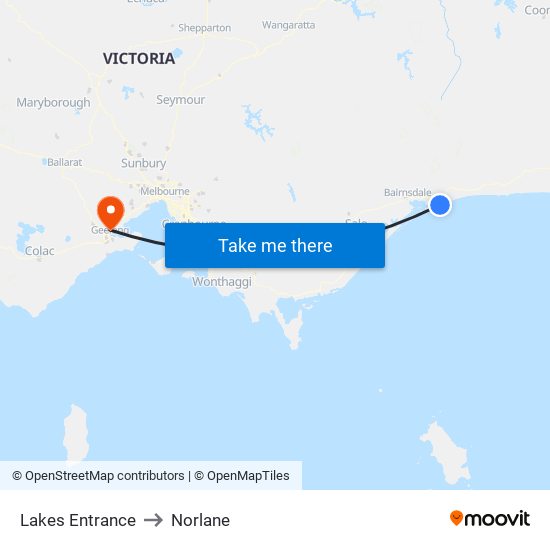Lakes Entrance to Norlane map