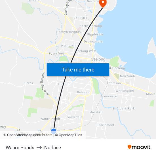 Waurn Ponds to Norlane map