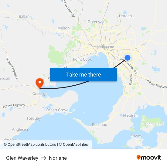 Glen Waverley to Norlane map