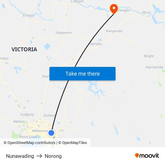 Nunawading to Norong map