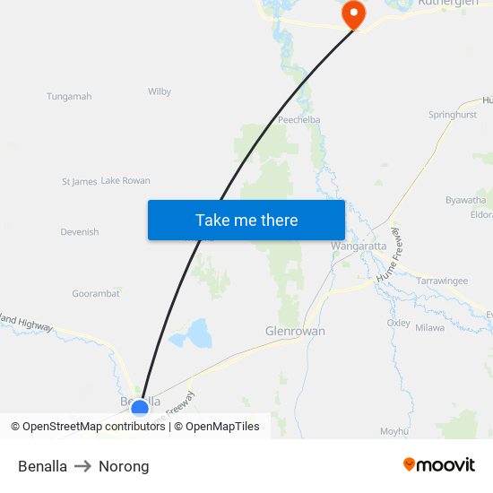 Benalla to Norong map