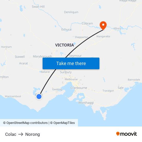 Colac to Norong map