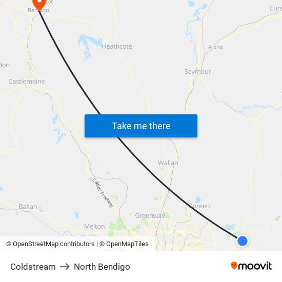 Coldstream to North Bendigo map