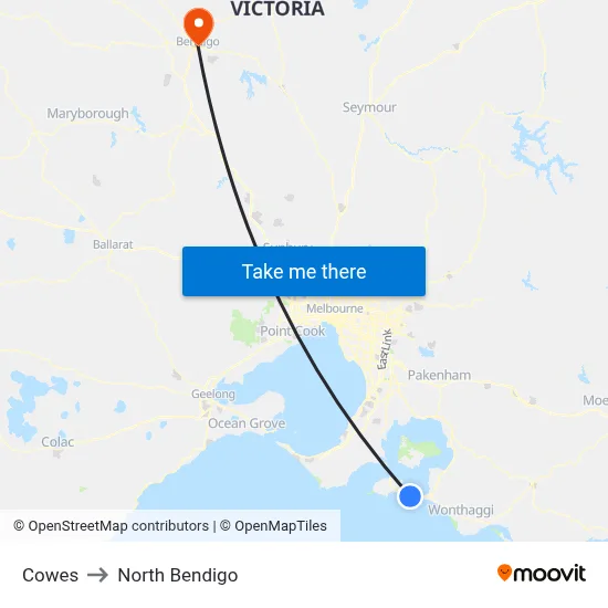 Cowes to North Bendigo map