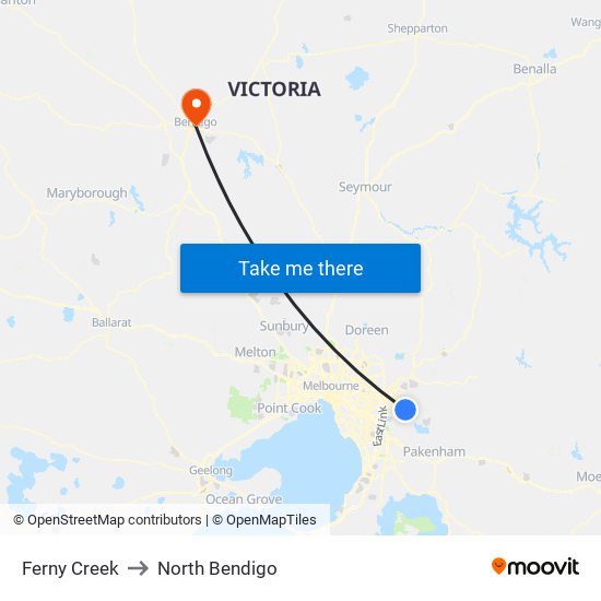 Ferny Creek to North Bendigo map