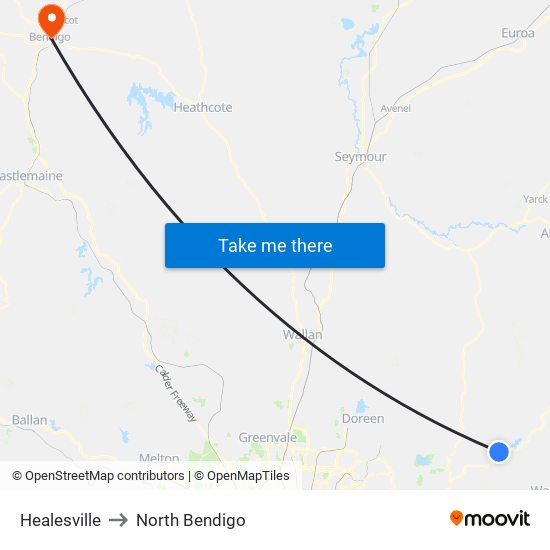 Healesville to North Bendigo map