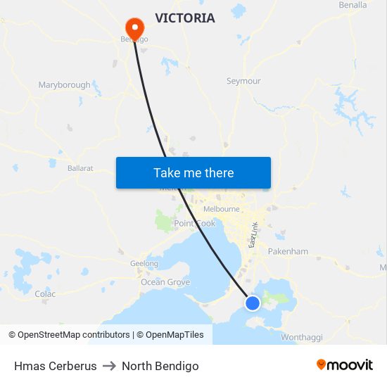 Hmas Cerberus to North Bendigo map