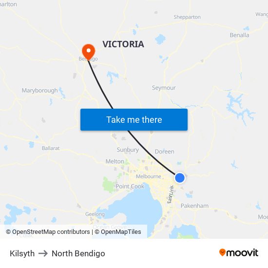 Kilsyth to North Bendigo map