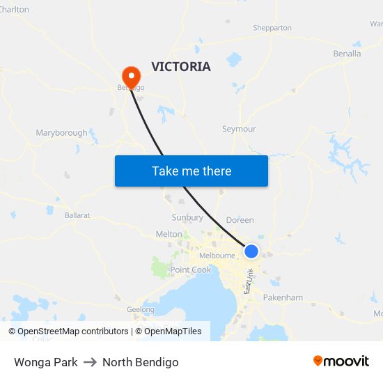 Wonga Park to North Bendigo map