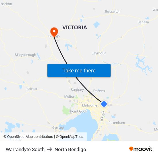 Warrandyte South to North Bendigo map