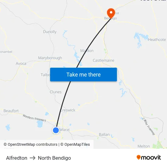 Alfredton to North Bendigo map