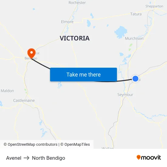 Avenel to North Bendigo map